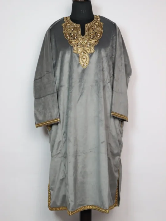 Iqra Kashmiri Loose Dark Grey Velvet Pheran in Zari Tilla Work