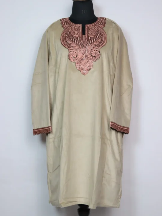 Kashmiri Loose Cream Velvet Pheran in Zari Tilla Work Iqra