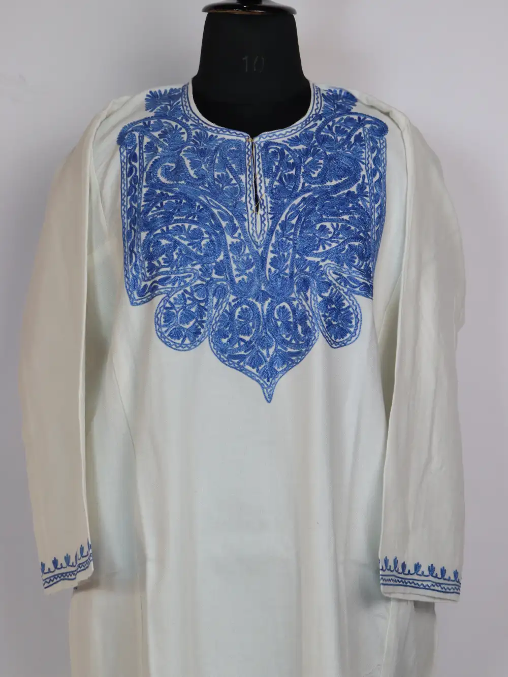 White Cashmilon Wool Pheran with Aari Work Sara - Image 2