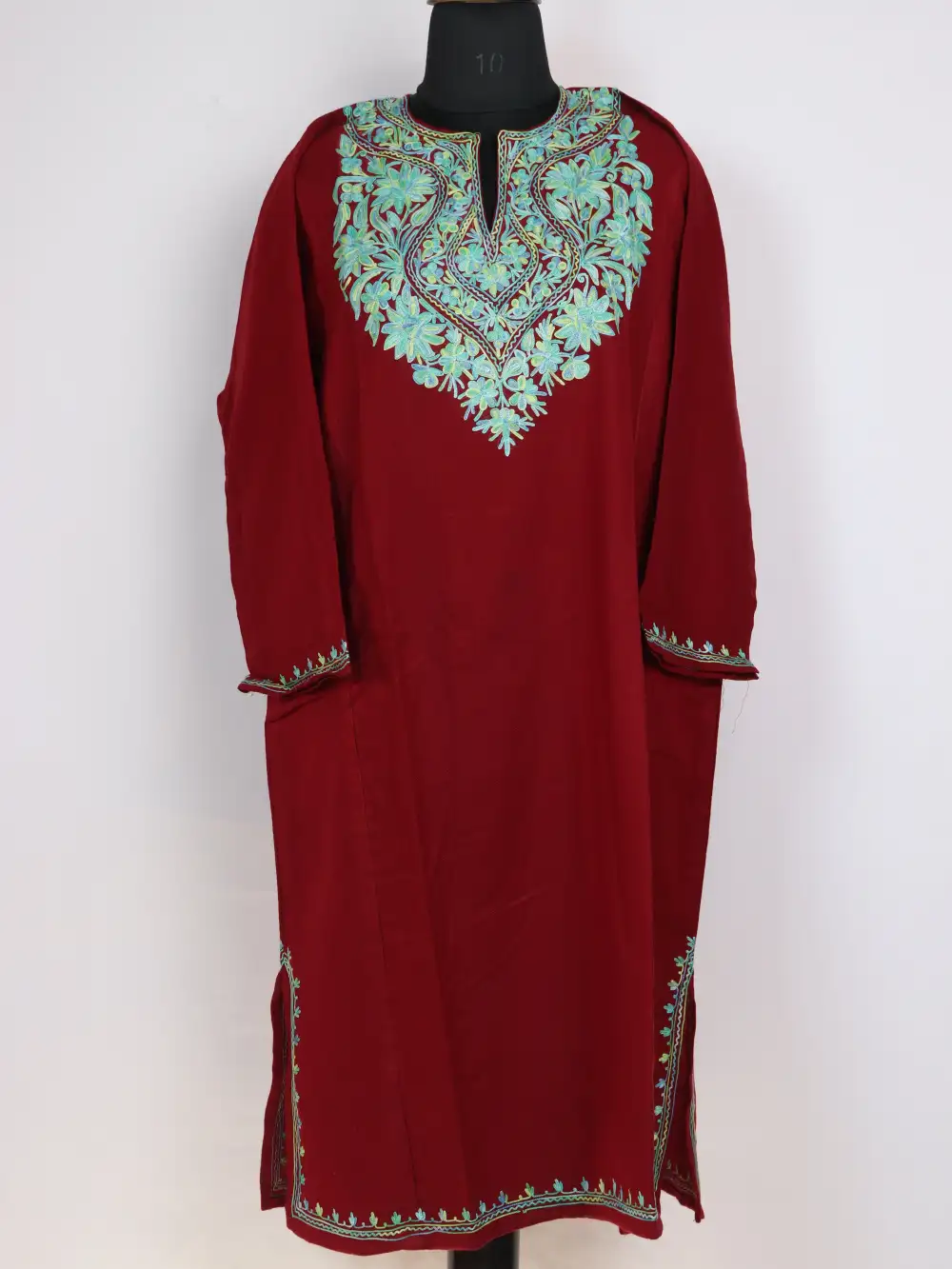 Nadiya Cashmilon Wool Maroon Pheran with Aari Work