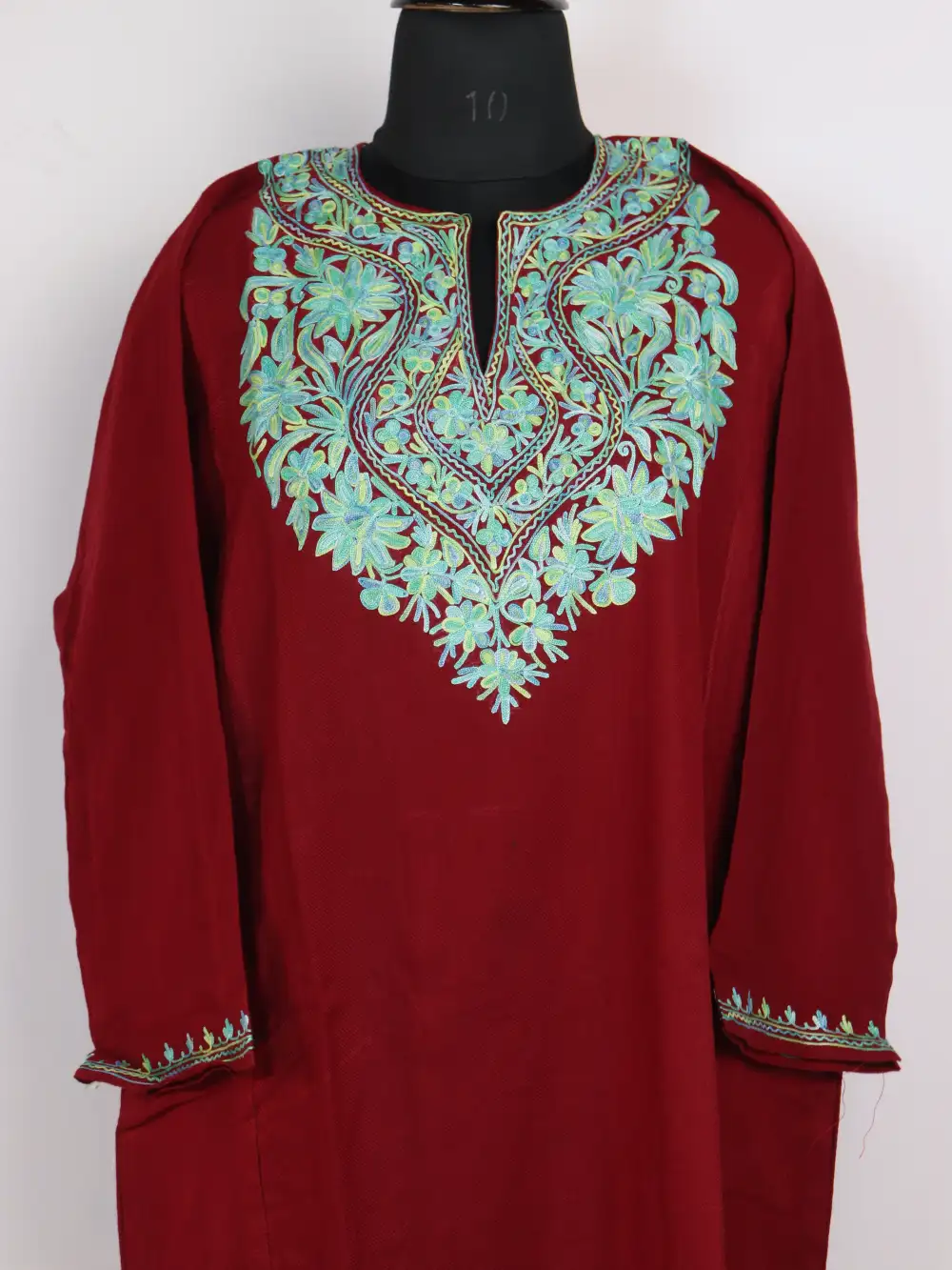 Nadiya Cashmilon Wool Maroon Pheran with Aari Work - Image 2