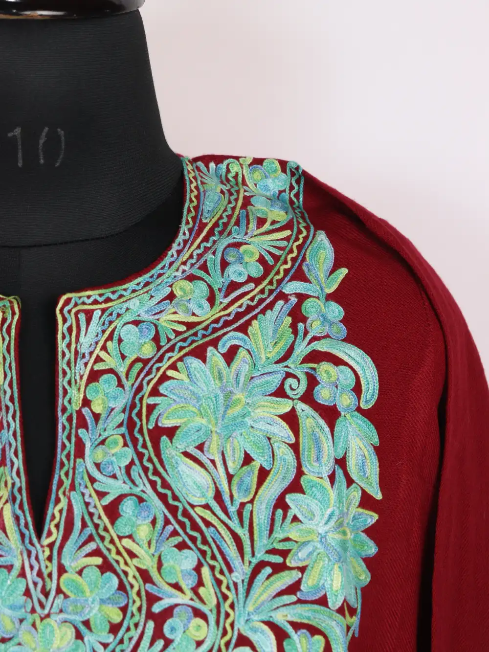 Nadiya Cashmilon Wool Maroon Pheran with Aari Work - Image 3