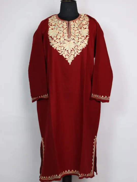 Fiza Cashmilon Wool Maroon Pheran Zeenat with Aari Work