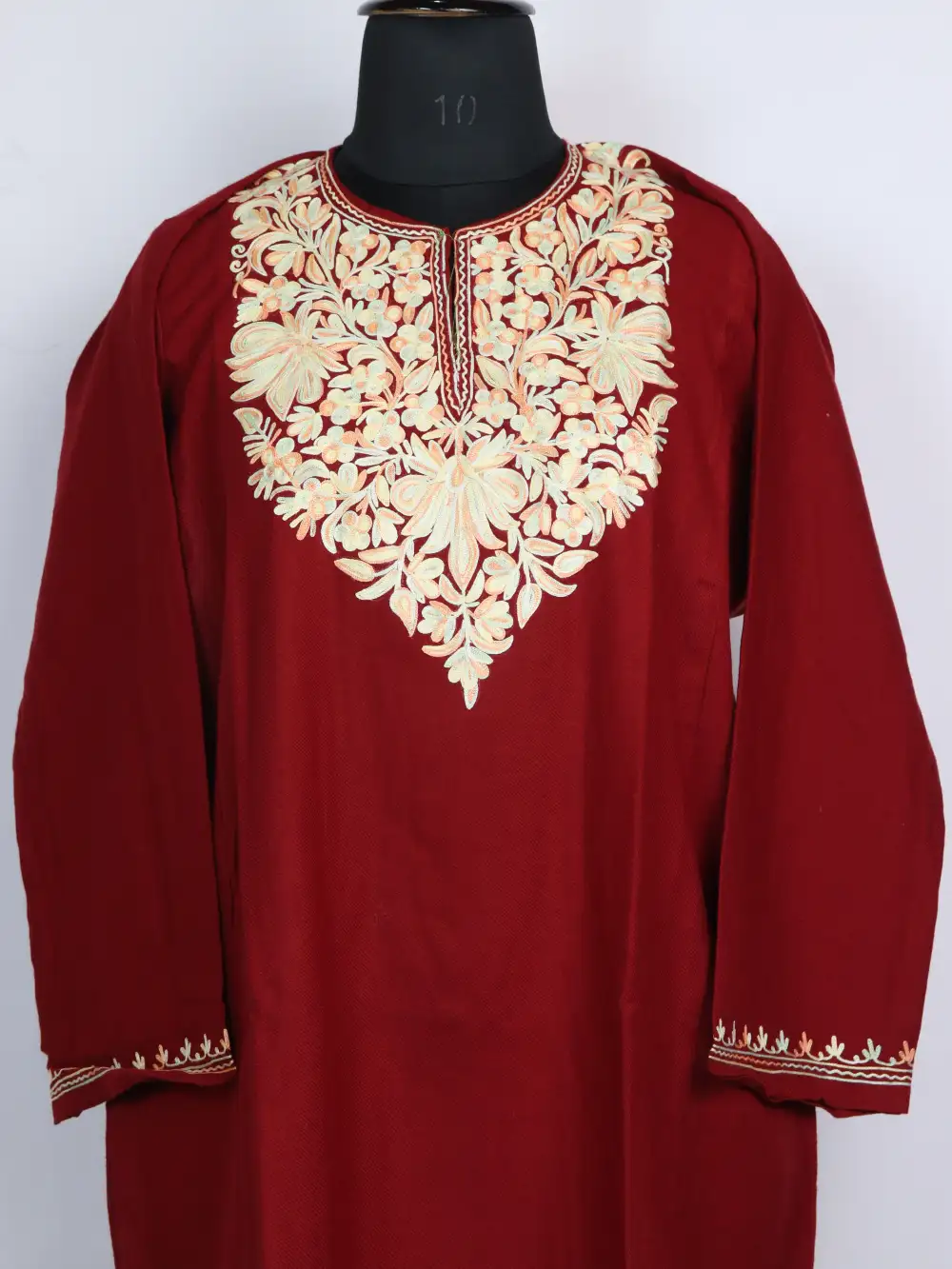 Fiza Cashmilon Wool Maroon Pheran Zeenat with Aari Work - Image 2