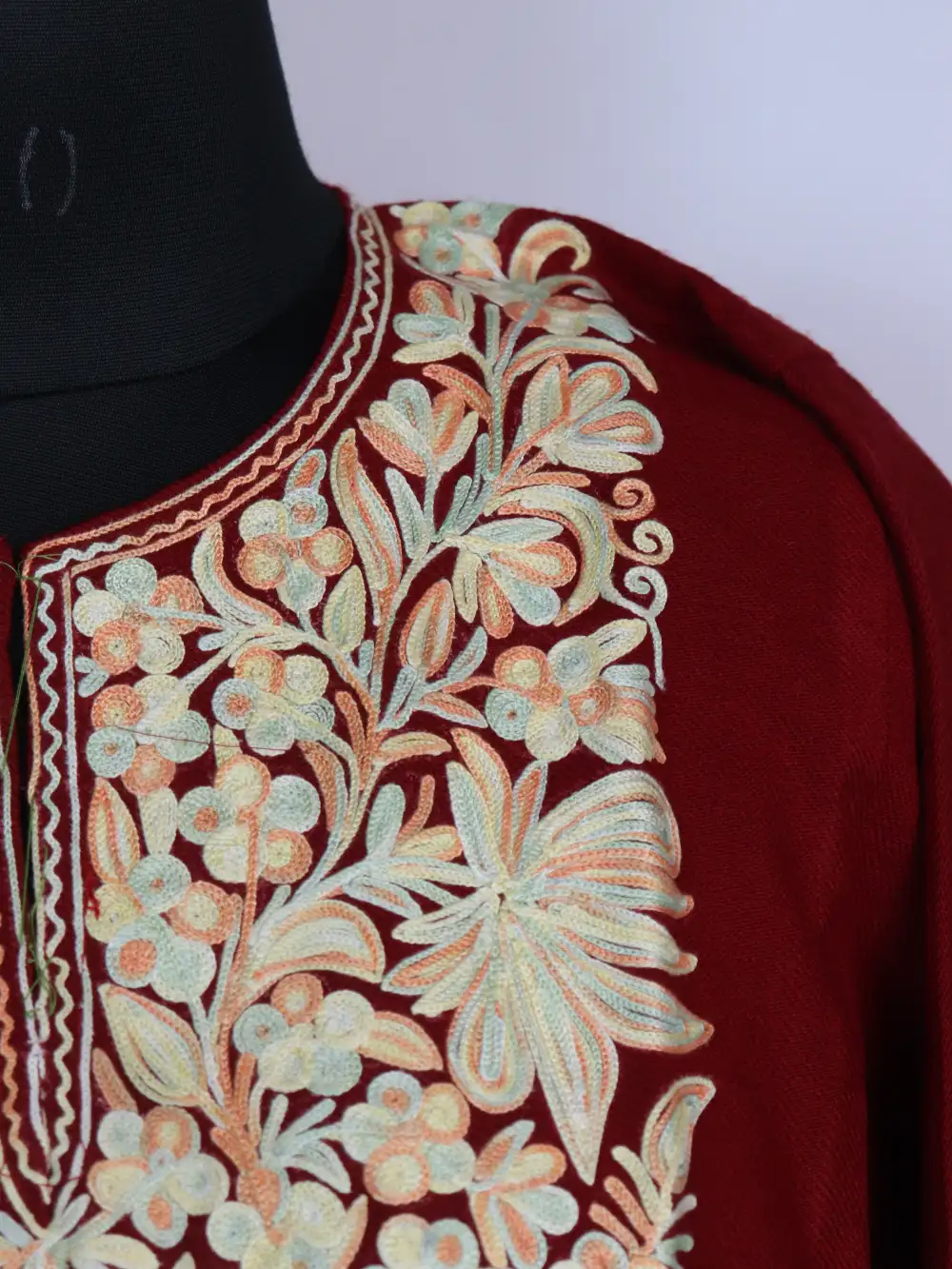 Fiza Cashmilon Wool Maroon Pheran Zeenat with Aari Work - Image 3