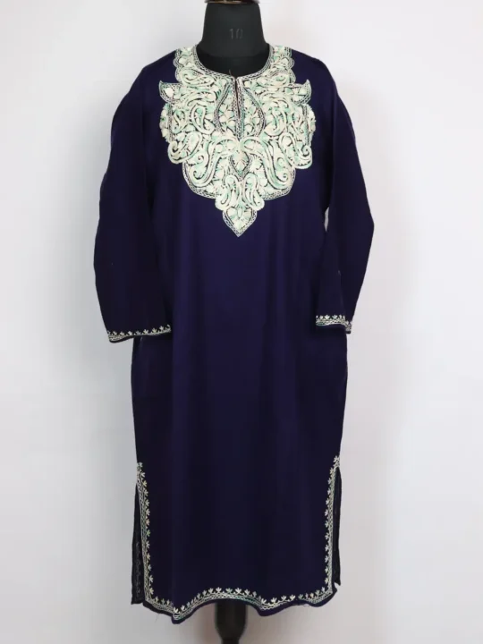 Azra Cashmilon Wool Pheran Dark Blue with Aari Work