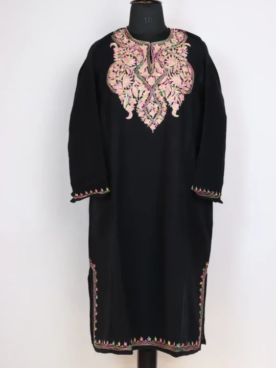Black Cashmilon Wool Pheran with Aari Embroidery Hadiya