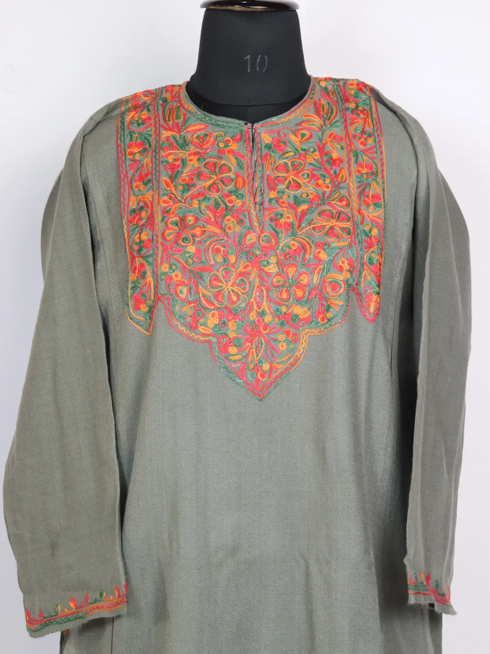 Cashmilon Wool Grey Pheran with Aari Work Farya - Image 2