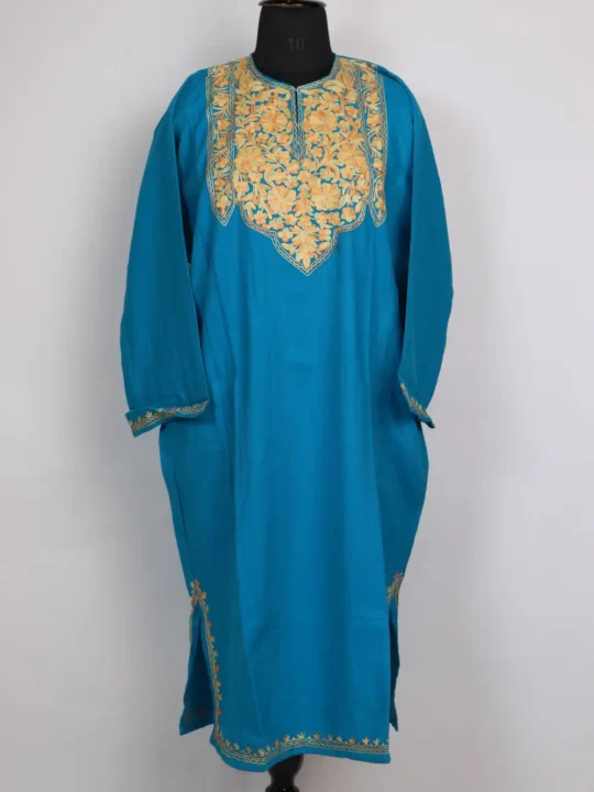 Shazia Sky Blue Cashmilon Wool Pheran with Aari Work Shazia