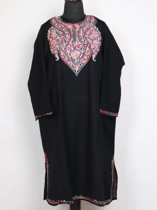Black Cashmilon Wool Pheran Nadiya with Aari Work