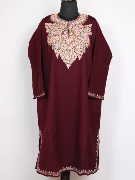 Cashmilon Wool Pheran Wine with Aari Work Embroidery Haaya