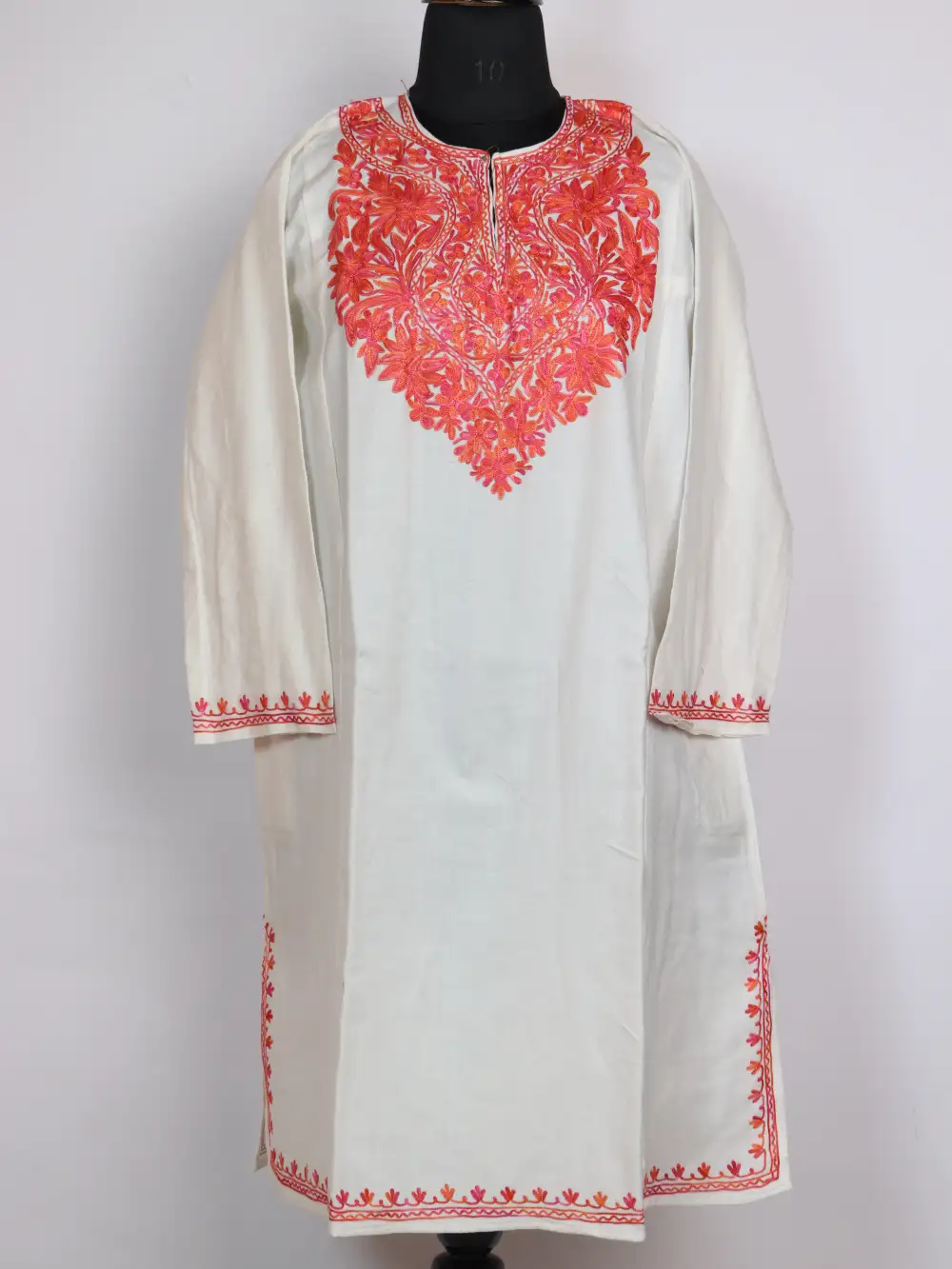 Sana White Cashmilon Wool Pheran with Aari Work
