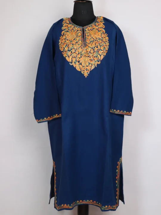 Dark Blue Cashmilon Wool Pheran Huza with Aari Work