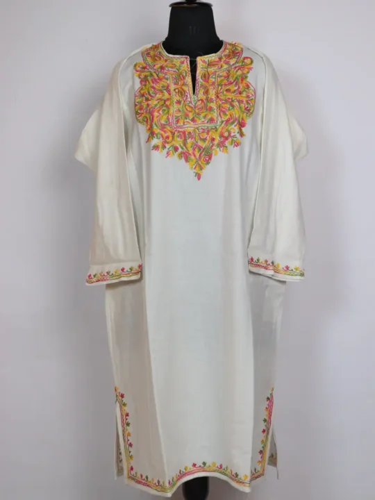 White Cashmilon Wool Pheran Tara with Aari Embroidery