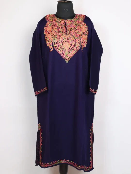 Dark Blue Inam Cashmilon Wool Pheran with Aari Work