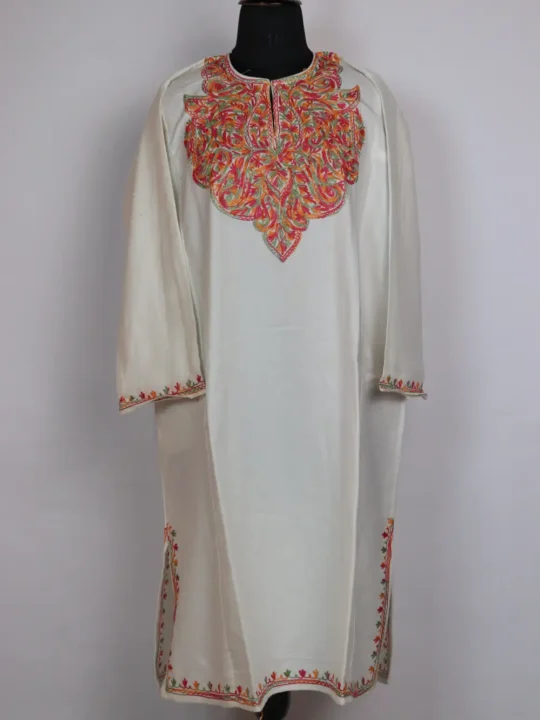 Barjees White Cashmilon Wool Pheran with Aari Work
