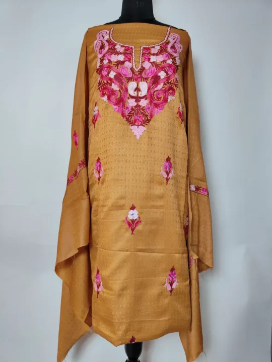 Light Brown 3pc Salwar Suit in Cashmilon Wool with Aari Work Hawal