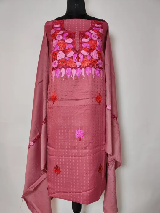 Pink 3pc Unstitched Mehreen Suit in Cashmilon Wool with Aari Work
