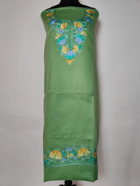 Dark Sea Green Cashmilon 2pc Unstitched Suit Fabric with Aari Embroidery