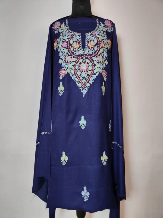3pc Dark Blue Unstitched Woolen Suit Fabric with Aari Embroidery