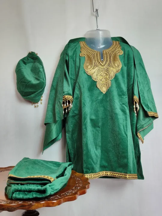 Dark Green Velvet Kids 4pc Pheran Set with Zari Tilla Work (2-3 years)