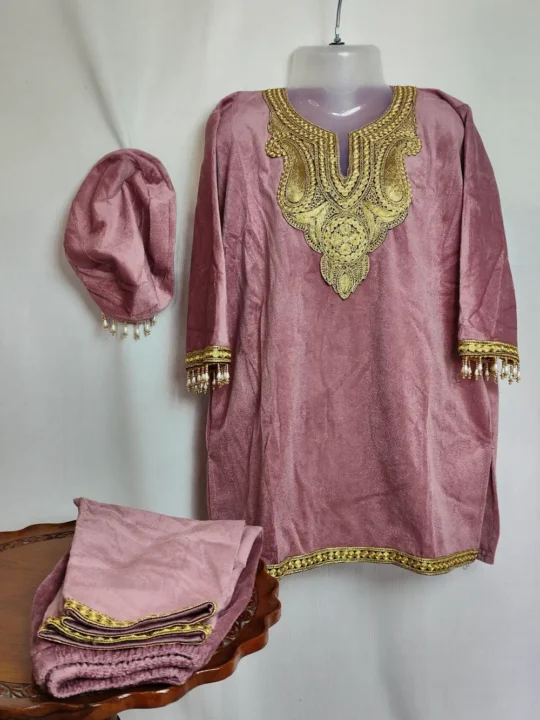 Dark Green Velvet Kids 4pc Pheran Set with Zari Tilla Work (2-3 years)