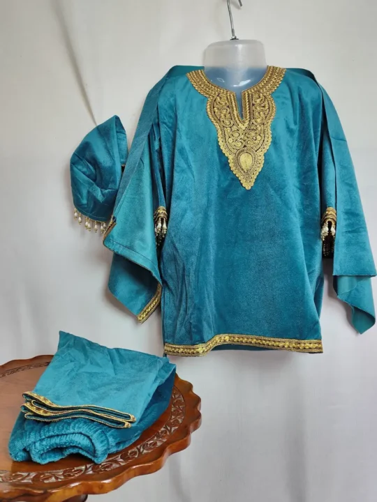 Sea Green Haniya Velvet Kids 4pc Pheran Set with Zari Tilla Work (2-3 years)