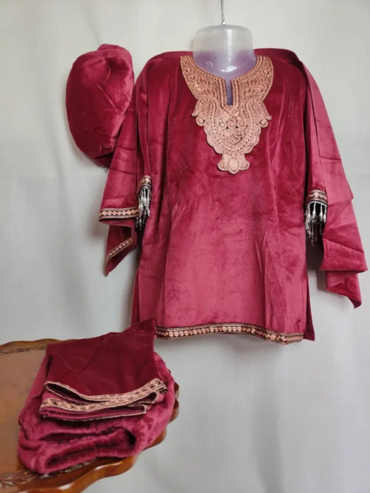 Hayat Velvet Girls 4pc Maroon Pheran Set with Zari Tilla Embroidery (2-3 years)