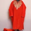 Tangy Orange Loose Party Wear Pheran Set in Velvet with Botte Tilla Embroidery