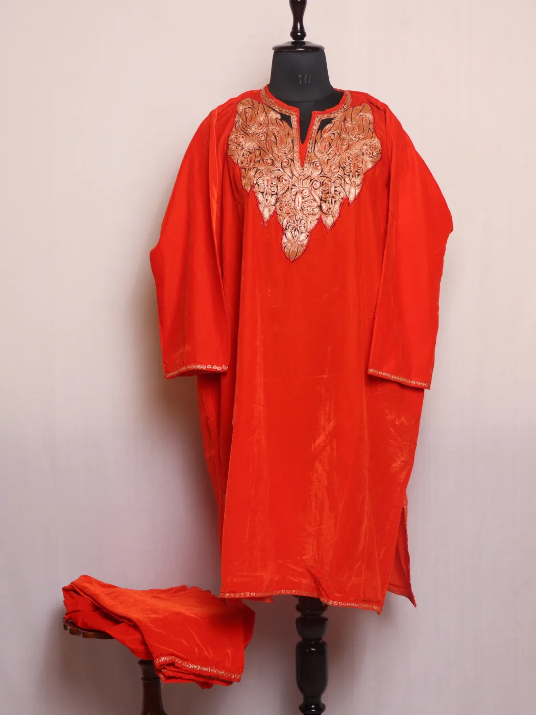 Tangy Orange Loose Party Wear Pheran Set in Velvet with Botte Tilla Embroidery
