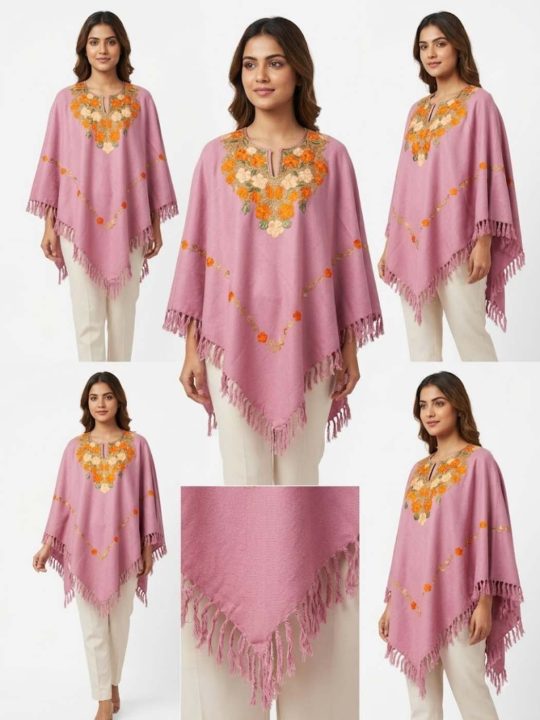 Pink Poncho in Cashmilon Wool Gousia with Aari Embroidery