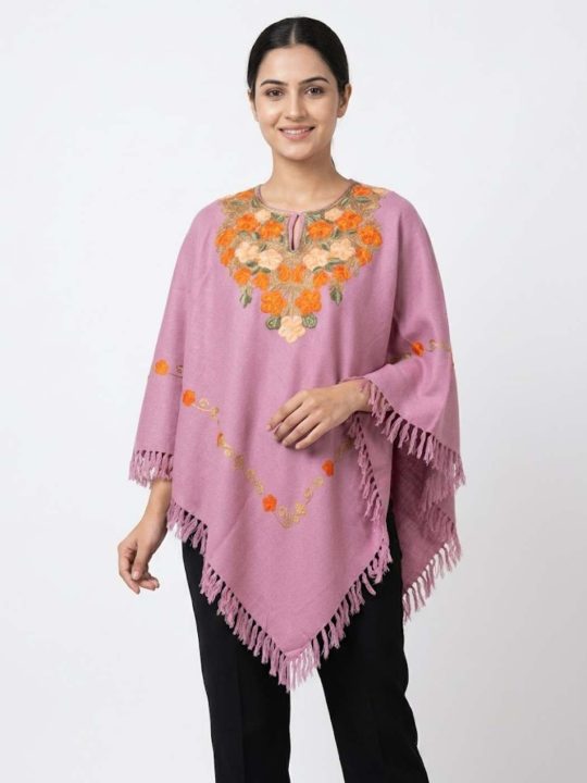 Pink Poncho in Cashmilon Wool Gousia with Aari Embroidery - Image 5
