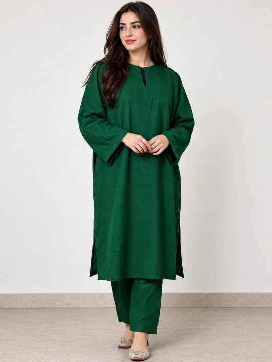 Plain 2pc Pheran Set in Green Cashmilon Wool