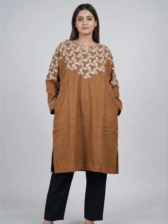 Feroza Kashmiri Original Poshish Tweed Tilla Work Brown Pheran | 100% Pure Wool