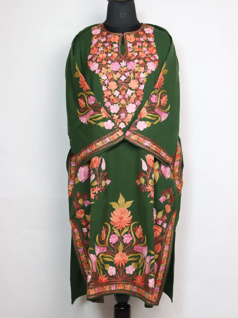 Designer Loose Olive Green Pheran Raffal Wool Bilqis with Aari Work