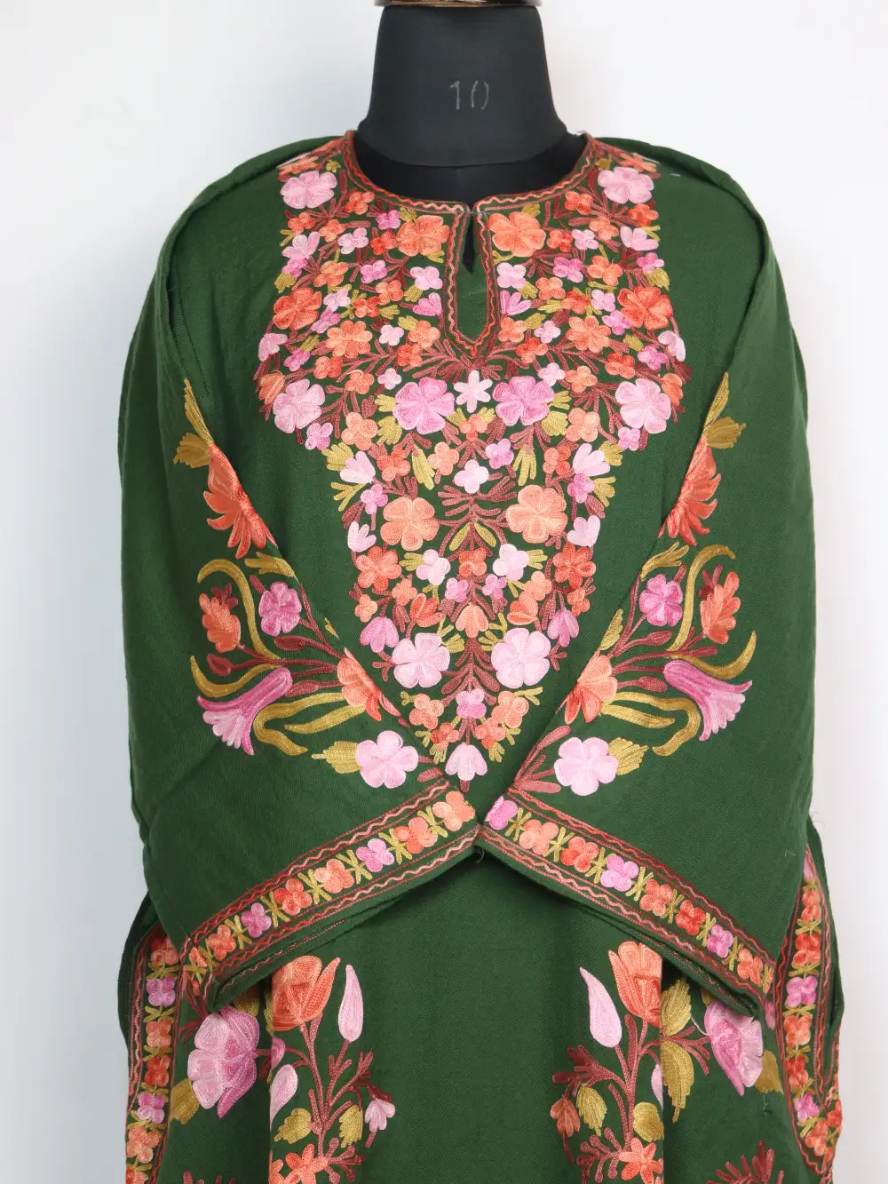 Designer Loose Olive Green Pheran Raffal Wool Bilqis with Aari Work - Image 2