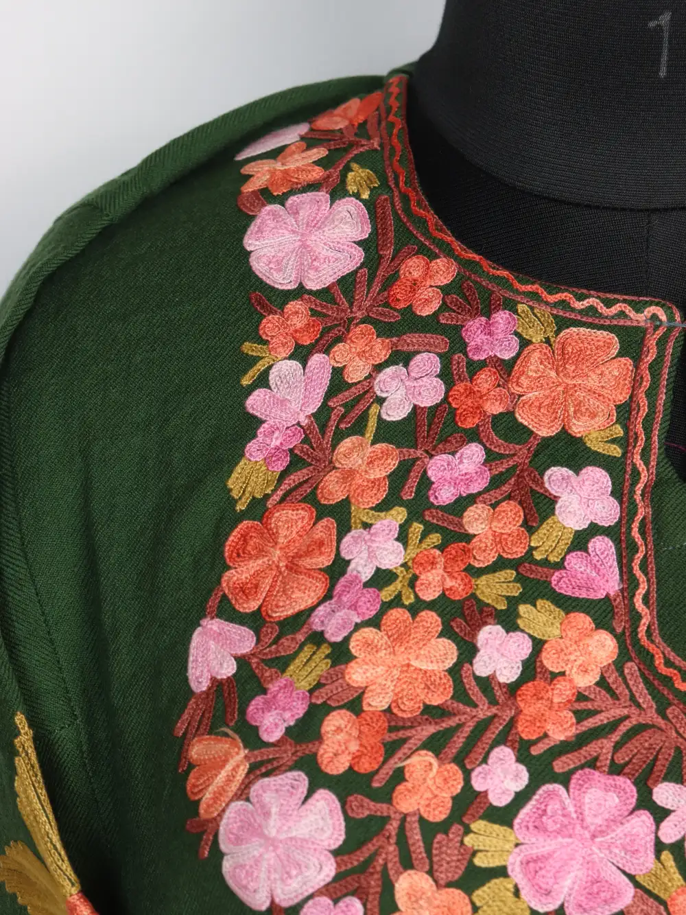 Designer Loose Olive Green Pheran Raffal Wool Bilqis with Aari Work - Image 3