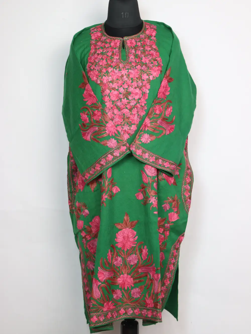 Bilqis Loose Green Pheran Designer Raffal Wool with Aari Work