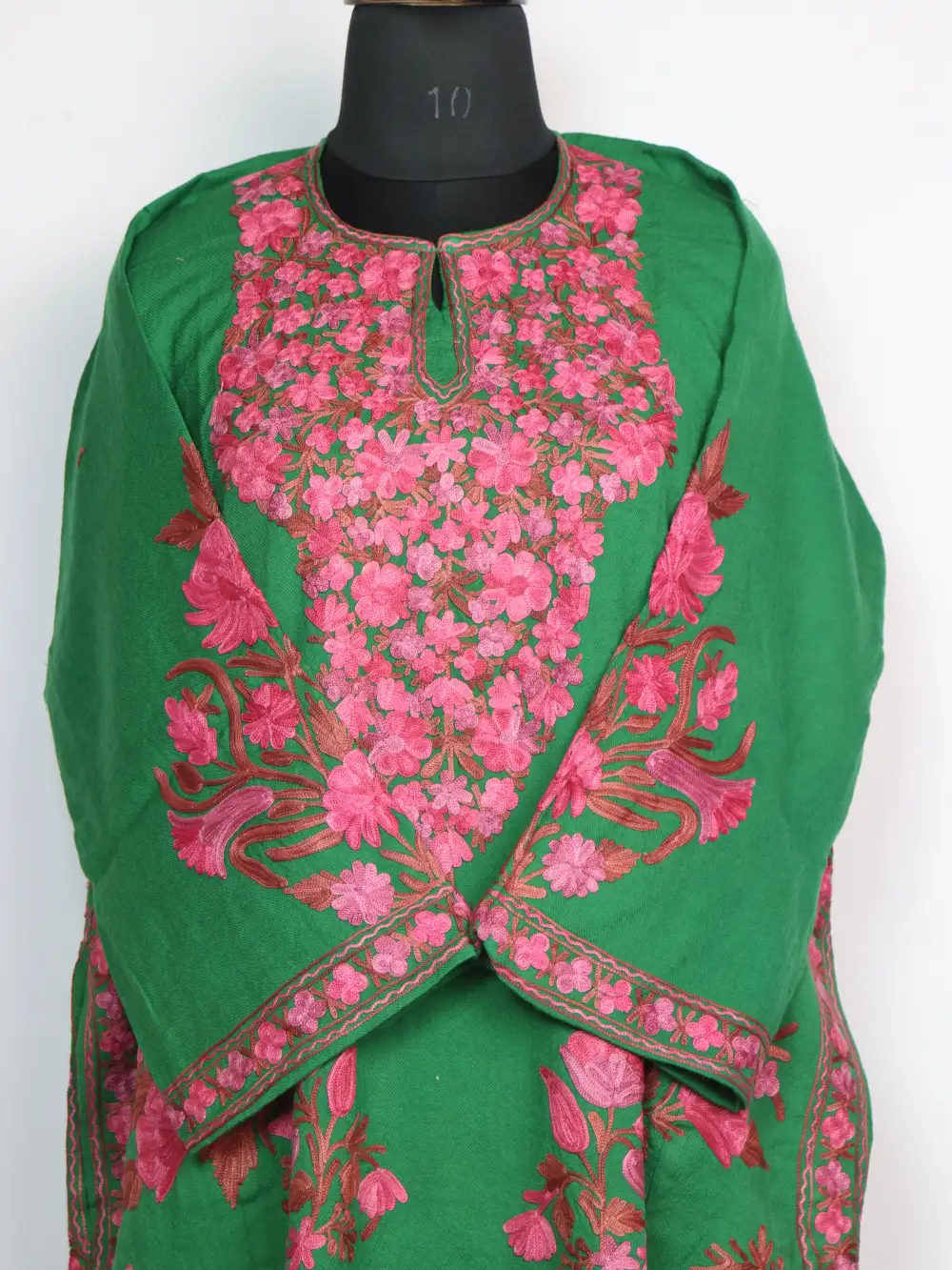 Bilqis Loose Green Pheran Designer Raffal Wool with Aari Work - Image 2