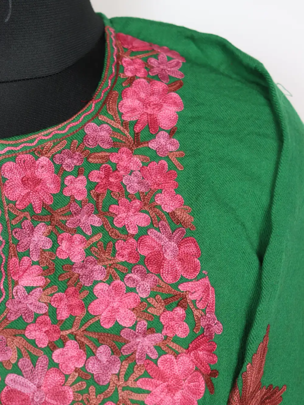 Bilqis Loose Green Pheran Designer Raffal Wool with Aari Work - Image 3