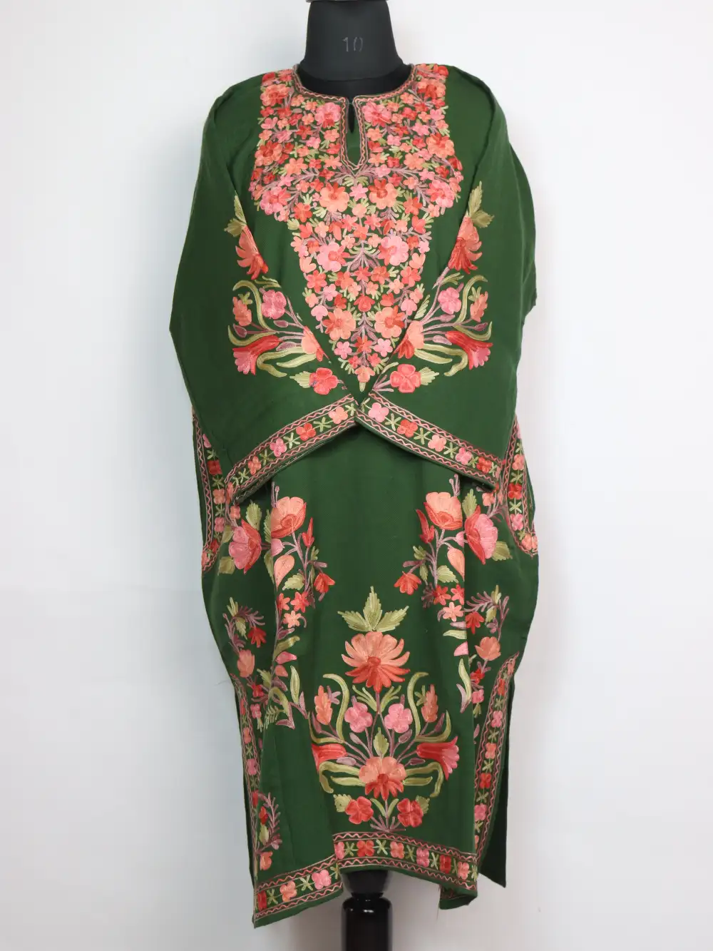 Designer Raffal Wool Loose Dark Green Pheran with Aari Embroidery Bilqis