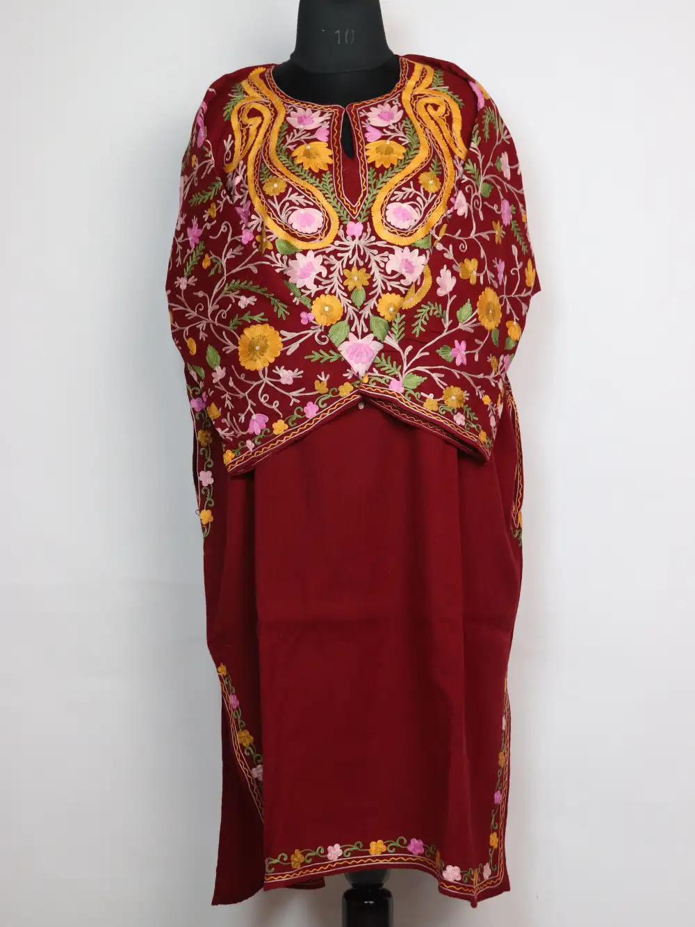 Maroon Pheran Raffal Wool Bushra with Sleeve Jaal Aari Work