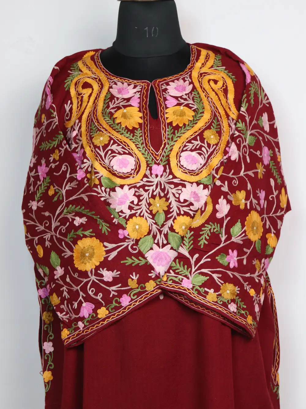 Maroon Pheran Raffal Wool Bushra with Sleeve Jaal Aari Work - Image 2