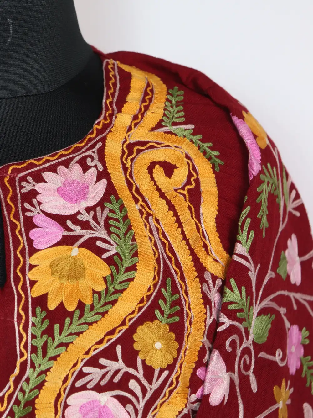 Maroon Pheran Raffal Wool Bushra with Sleeve Jaal Aari Work - Image 3