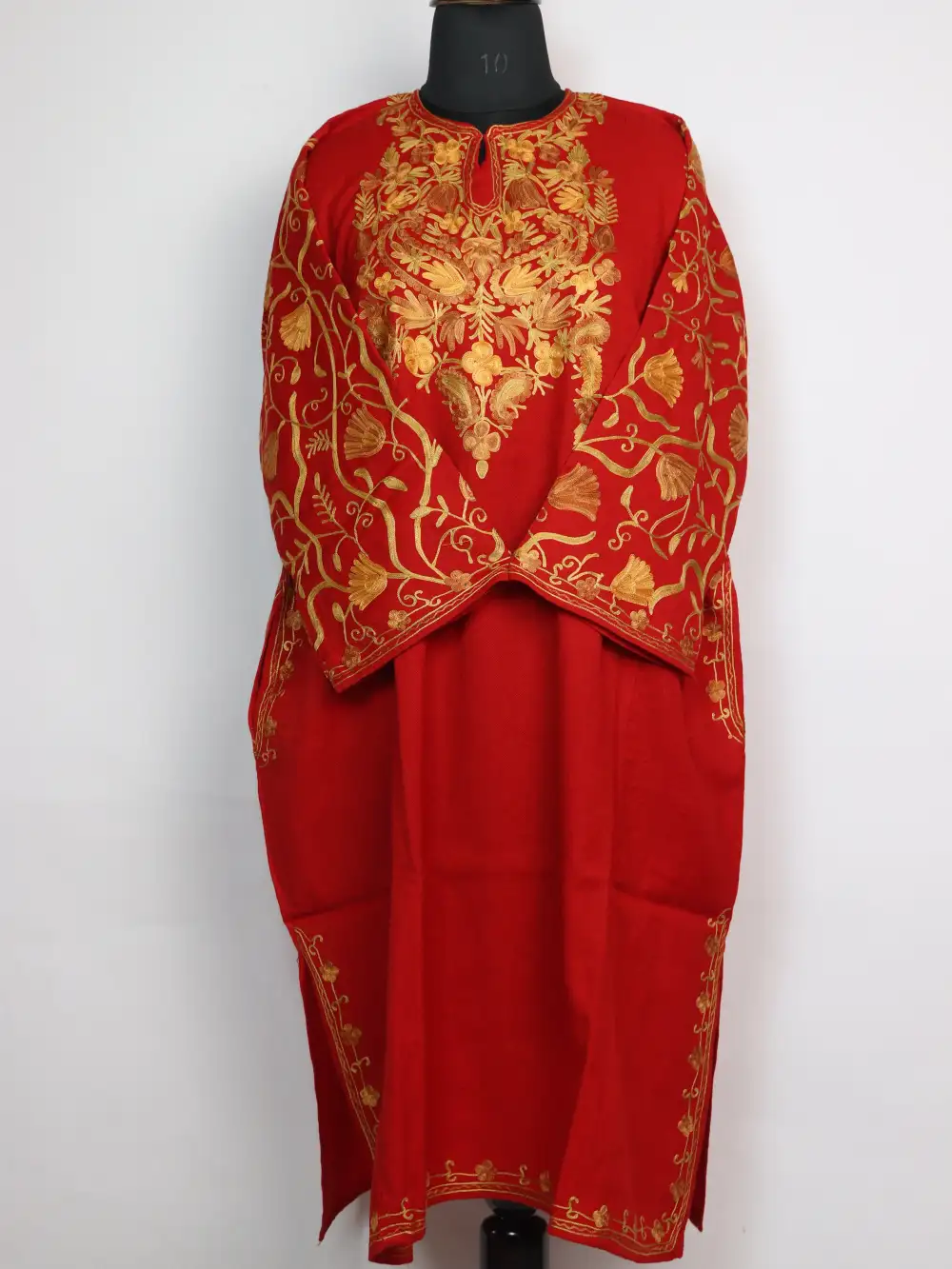 Bushra Red Raffal Wool Loose Pheran with Sleeve Jaal Aari Work