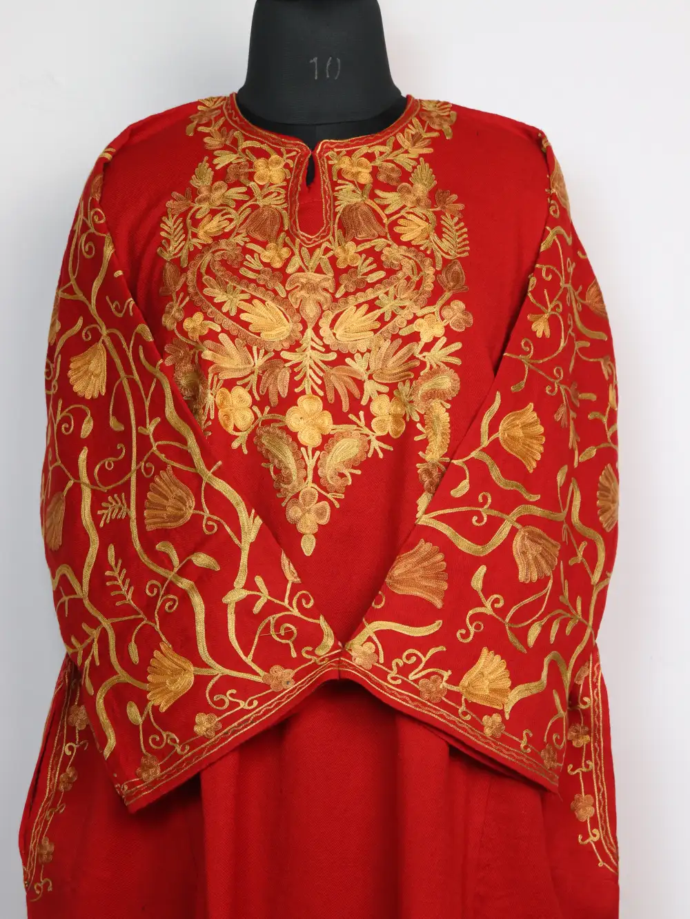 Bushra Red Raffal Wool Loose Pheran with Sleeve Jaal Aari Work - Image 2