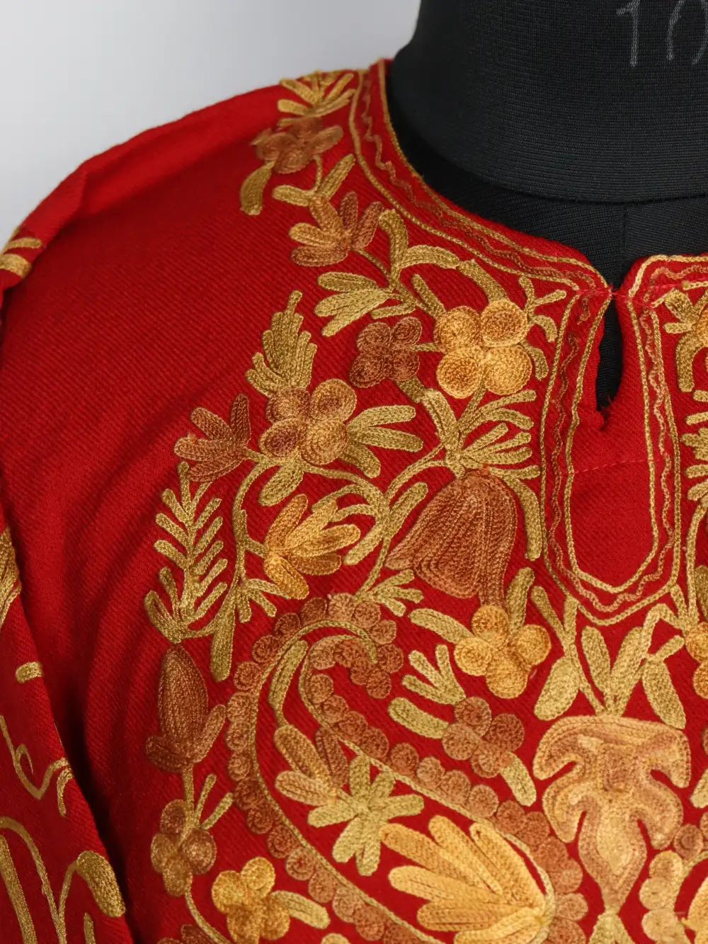 Bushra Red Raffal Wool Loose Pheran with Sleeve Jaal Aari Work - Image 3