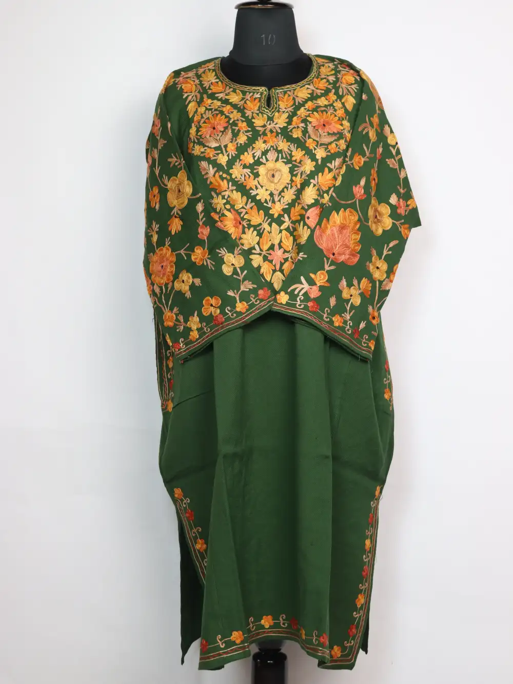 Raffal Wool Bushra Green Loose Pheran with Sleeve Jaal Aari Work