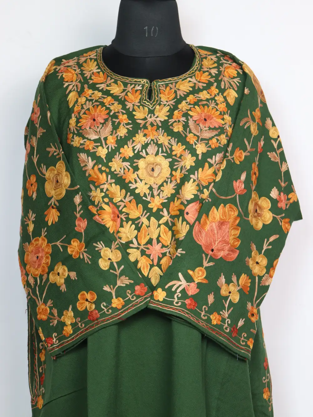 Raffal Wool Bushra Green Loose Pheran with Sleeve Jaal Aari Work - Image 2
