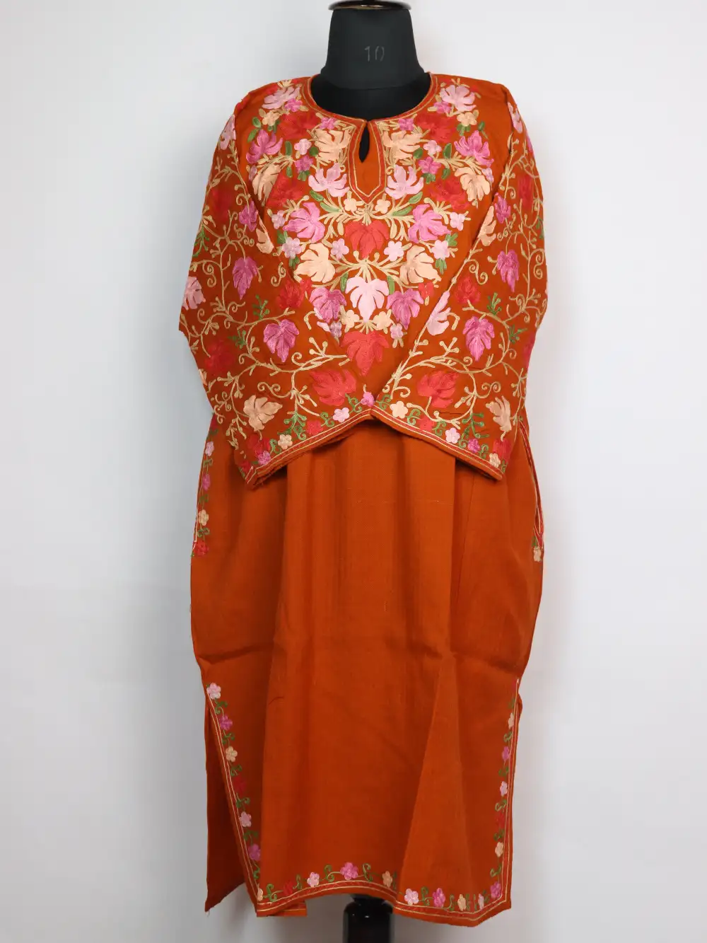 Bushra Brown Raffal Wool Loose Pheran with Sleeve Jaal Aari Work